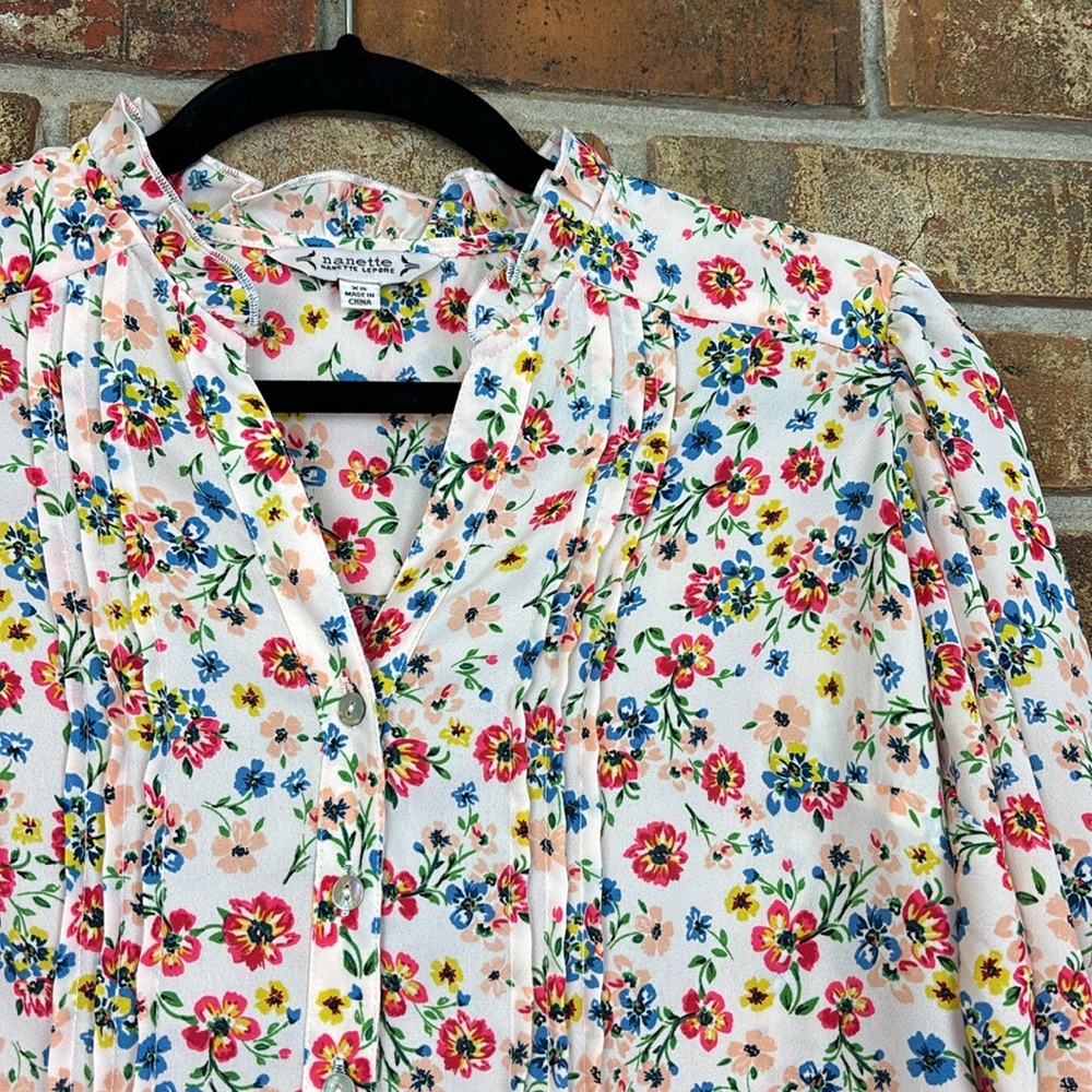 Nanette Lepore Pink Floral Button Down Blouse Top 3/4 Sleeve Career Dressy Sz XS - Picture 2 of 6